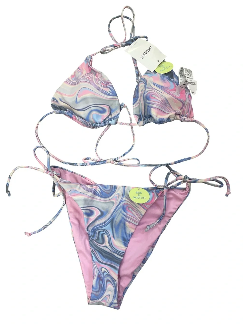 3 Pc Set Marbled Pink Swirl String Bikini & Light Periwinkle Cover Up Pants